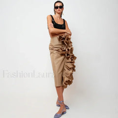 Taffeta Ruffle Midi Pencil Skirt