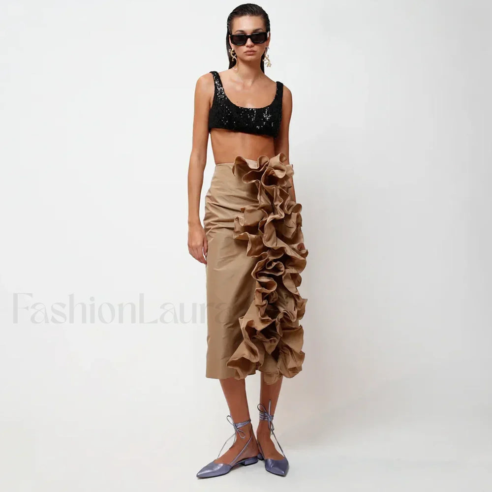 Taffeta Ruffle Midi Pencil Skirt