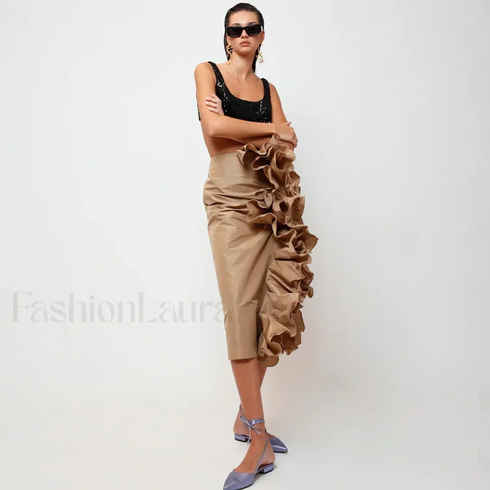 Taffeta Ruffle Midi Pencil Skirt