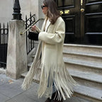 Tassel Apricot Women's Coat Elegant Autumn Long Sleeve Lapel Female Overcoats