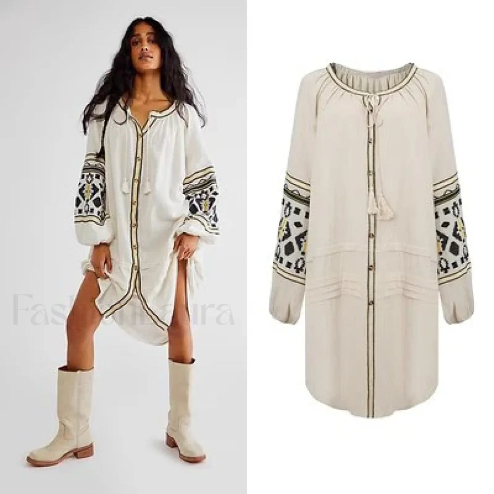 Tassel Lantern Sleeve Boho Dress Beige / S