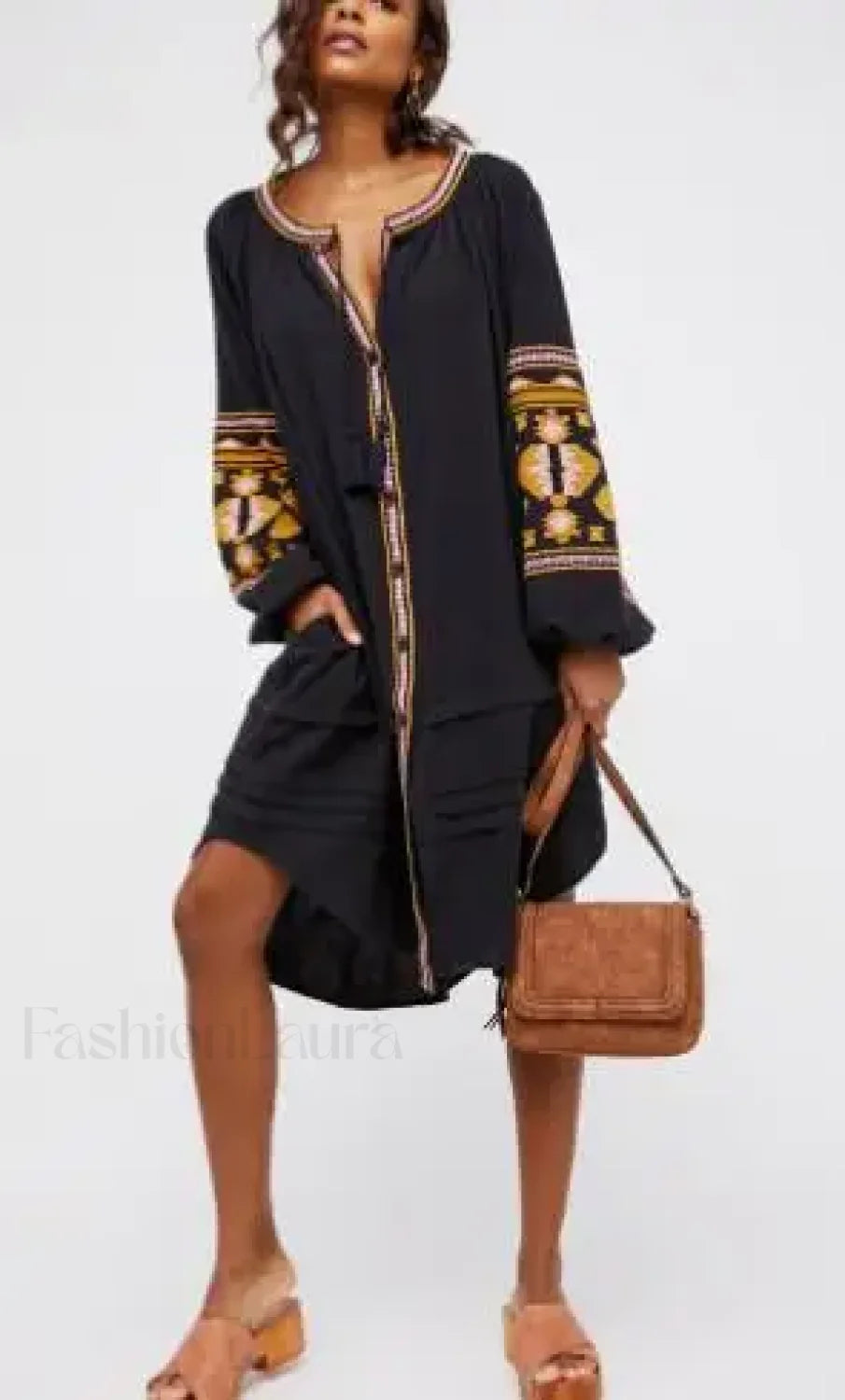 Tassel Lantern Sleeve Boho Dress Black / S