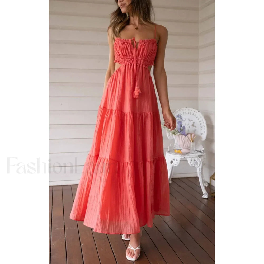 Tassel Tie Up Cutout Midi Dress Watermelon red / S