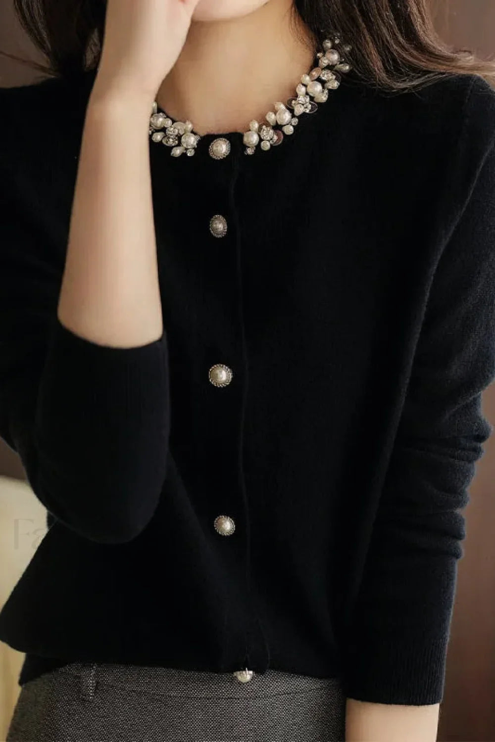 Temperament Style Beaded Splice Knit Cardigan