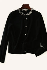 Temperament Style Beaded Splice Knit Cardigan Black / S