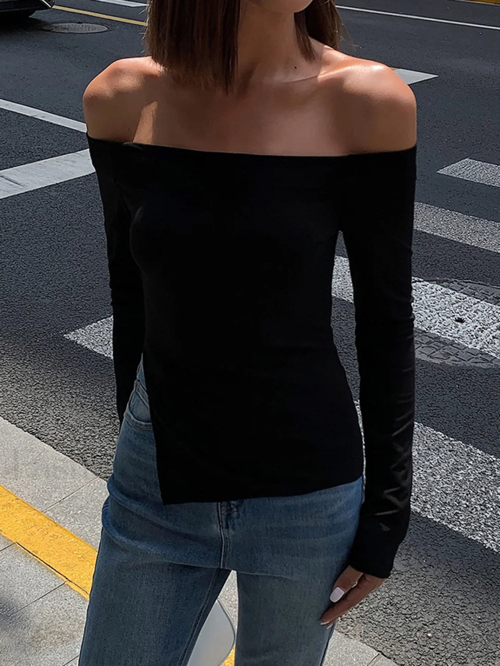 Terracotta Off Shoulder Trendy Long Sleeve Shirt Black / XS T Shirts