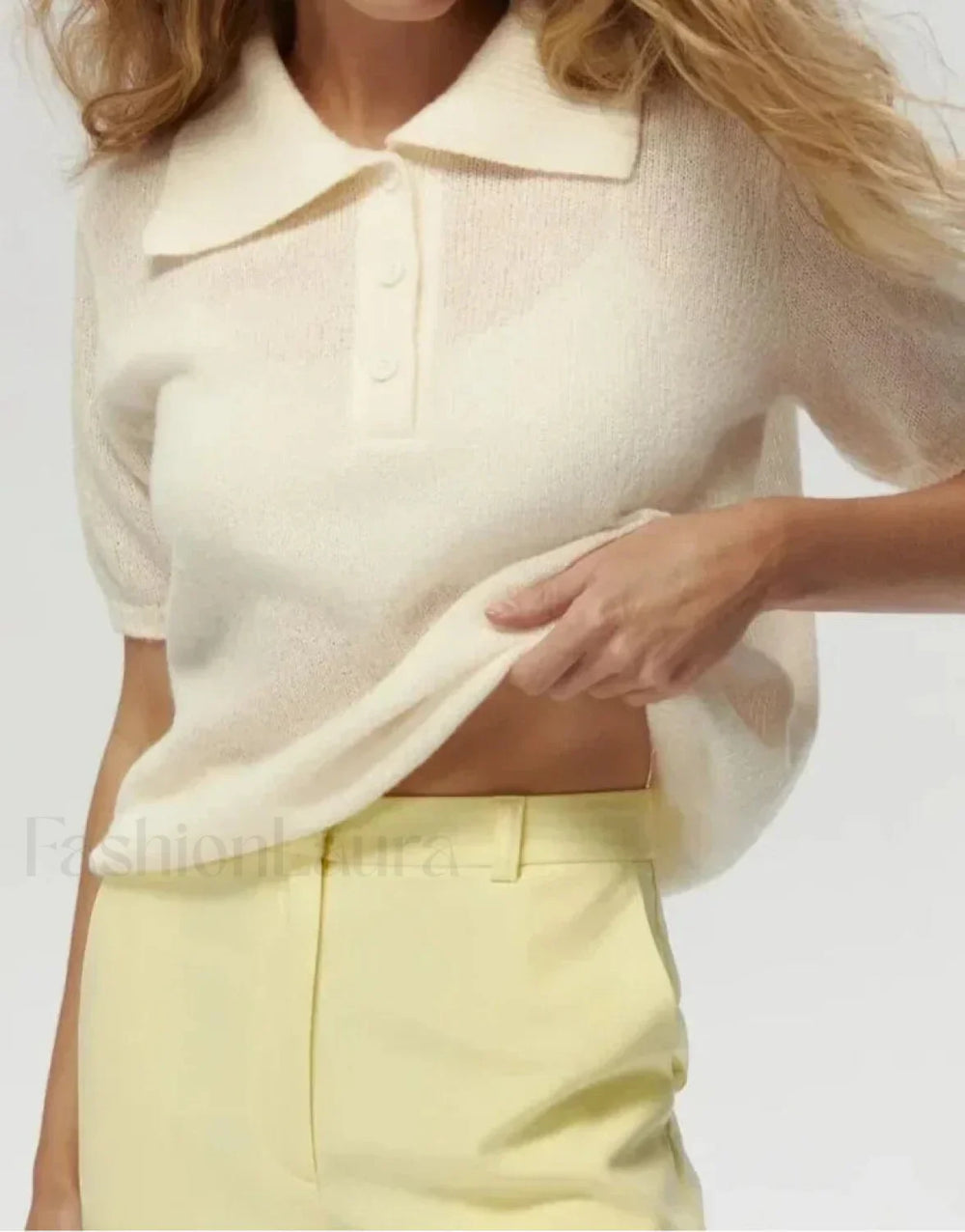 Thin Knit Polo Button Loose T Shirt Beige / S