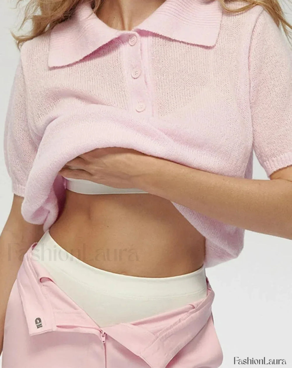 Thin Knit Polo Button Loose T Shirt Pink / S