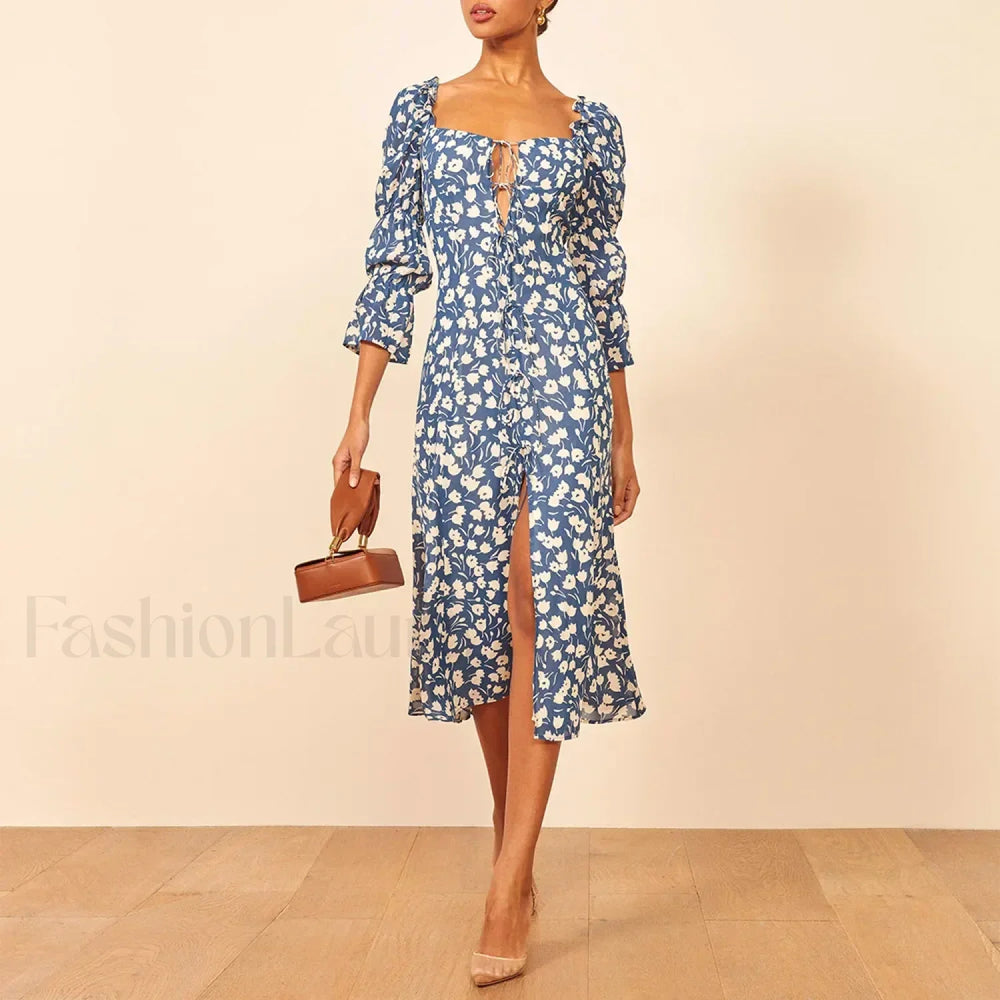 Three Quarter Ruffle Floral Dress Blue / S
