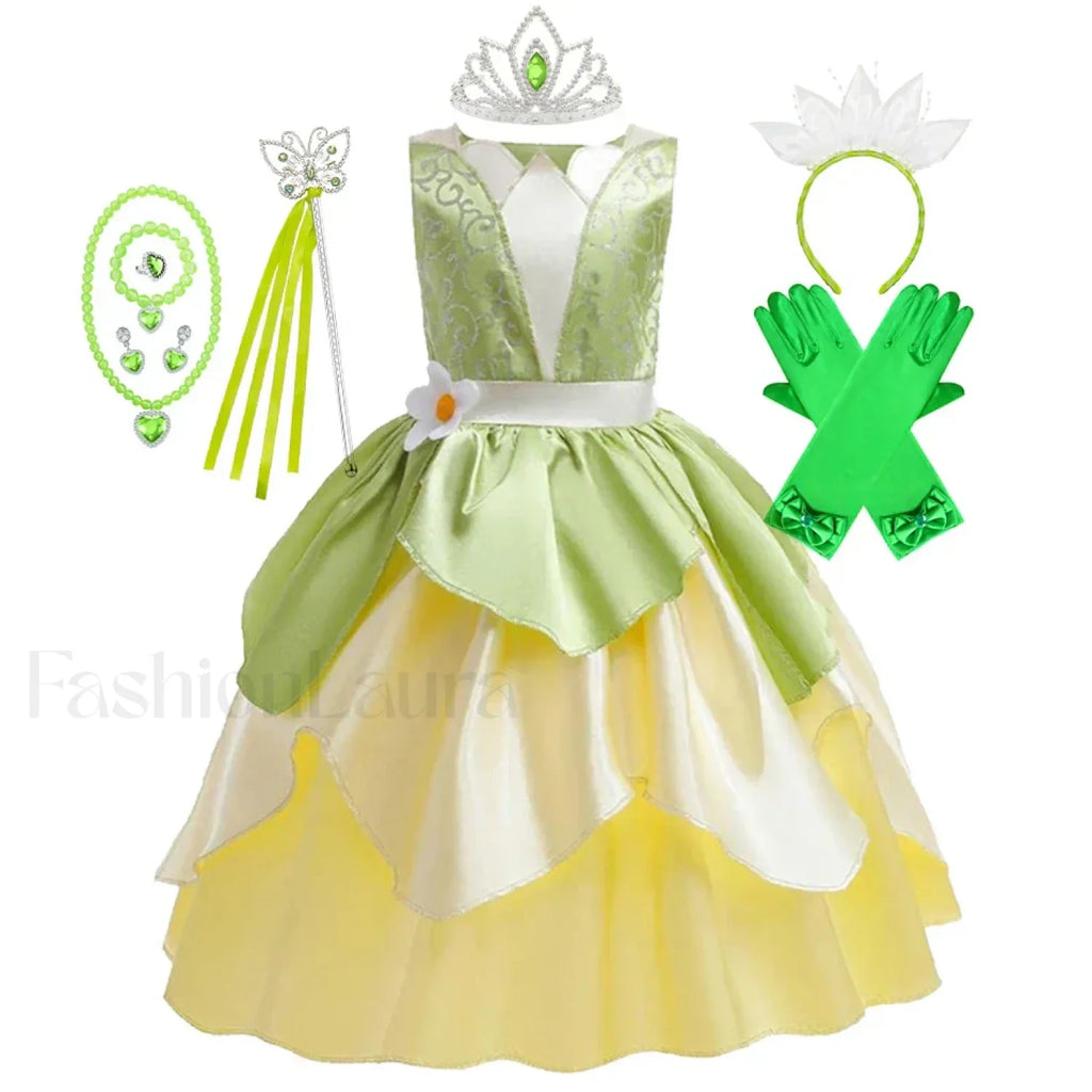 Tiana Princess Cosplay Carnival Kid Role Party Sleeveless Halloween Playing Dress Up Costume 3 4T (Tag XS) Tiana Dress I
