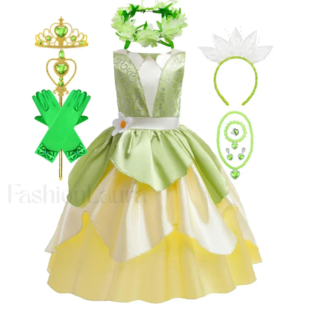 Tiana Princess Cosplay Carnival Kid Role Party Sleeveless Halloween Playing Dress Up Costume 3 4T (Tag XS) Tiana Dress B