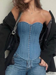 Tie Back Denim Bandeau Corset Top Navy Blue / S Tops&Tees