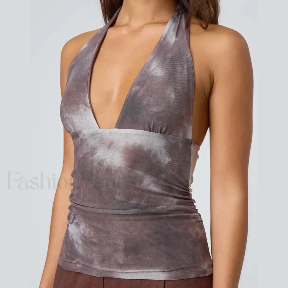 Tie Dye Halter Backless Crop Top Brown / S