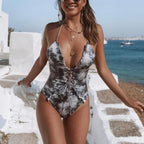 Tie Dye Lace Up Deep V Cut One Piece Print / S