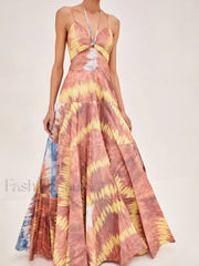 Tie Dye Patchwork Backless Maxi Dress BROWN / S