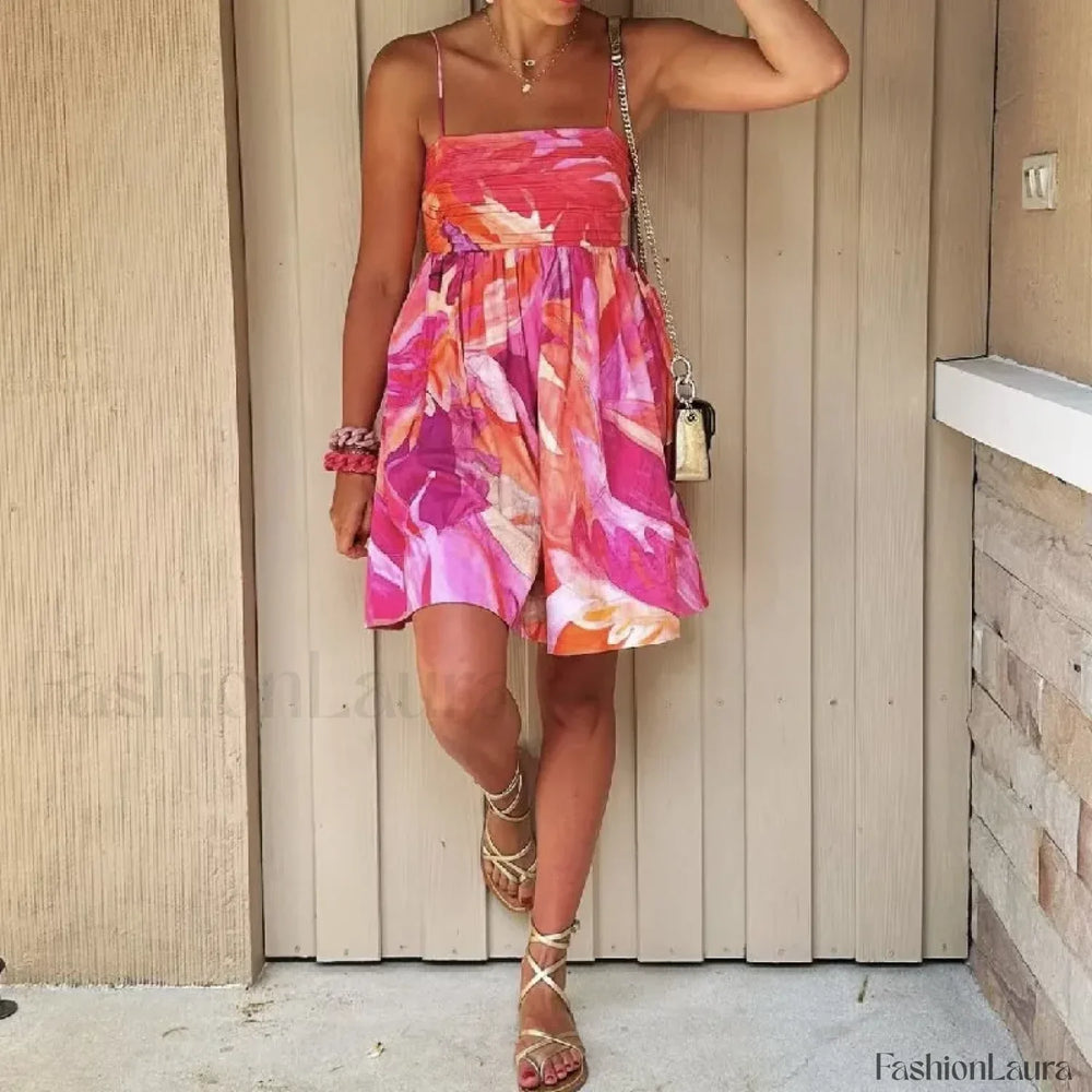 Tie Dye Slash Neck Floral Dress red / S