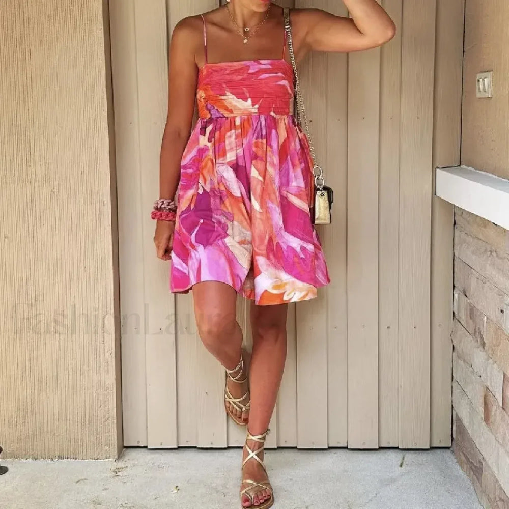 Tie Dye Slash Neck Floral Dress red / S