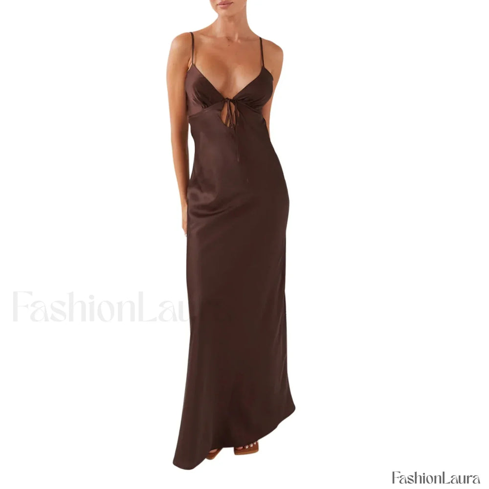 Tie Front Backless Cami Maxi Dress Coffee / S