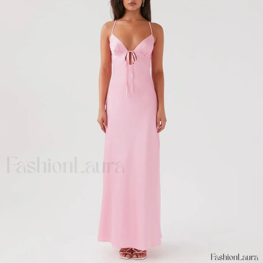 Tie Front Backless Cami Maxi Dress Pink / S
