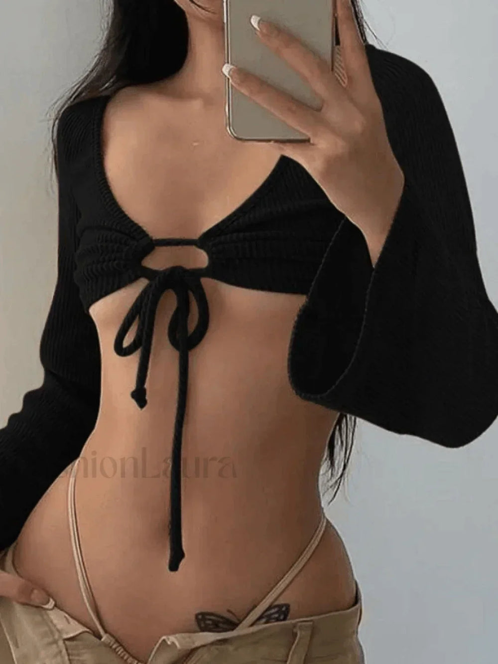 Tie Front Bolero Knit Top Black / S Sweaters