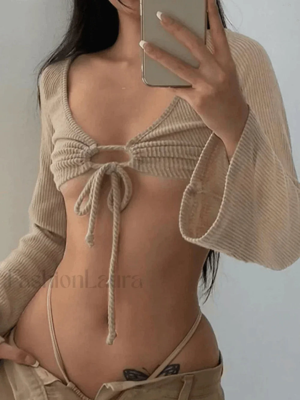 Tie Front Bolero Knit Top Khaki / S Sweaters