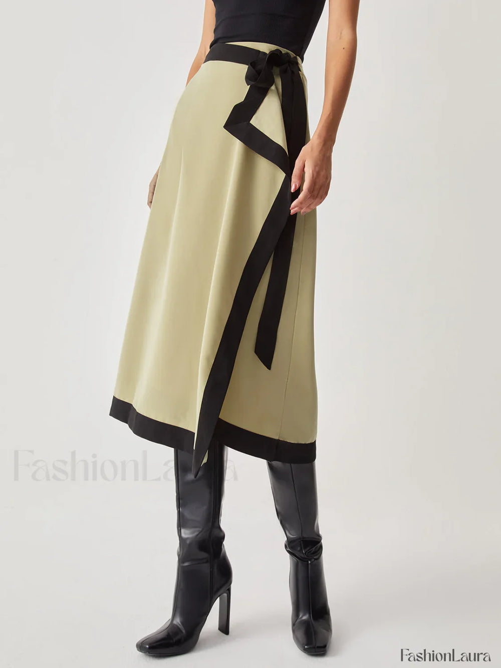 Tie Front Contrast Trendy Trim Midi Skirt Khaki / XS Skirts