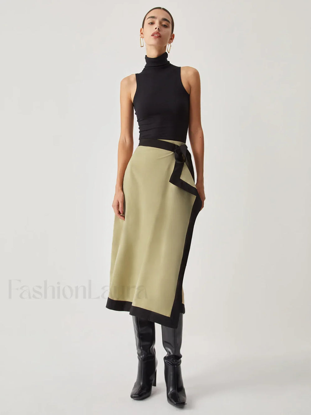 Tie Front Contrast Trendy Trim Midi Skirt Skirts