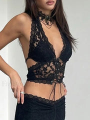 Tie Front Lace Halter Tank Top Corset Top