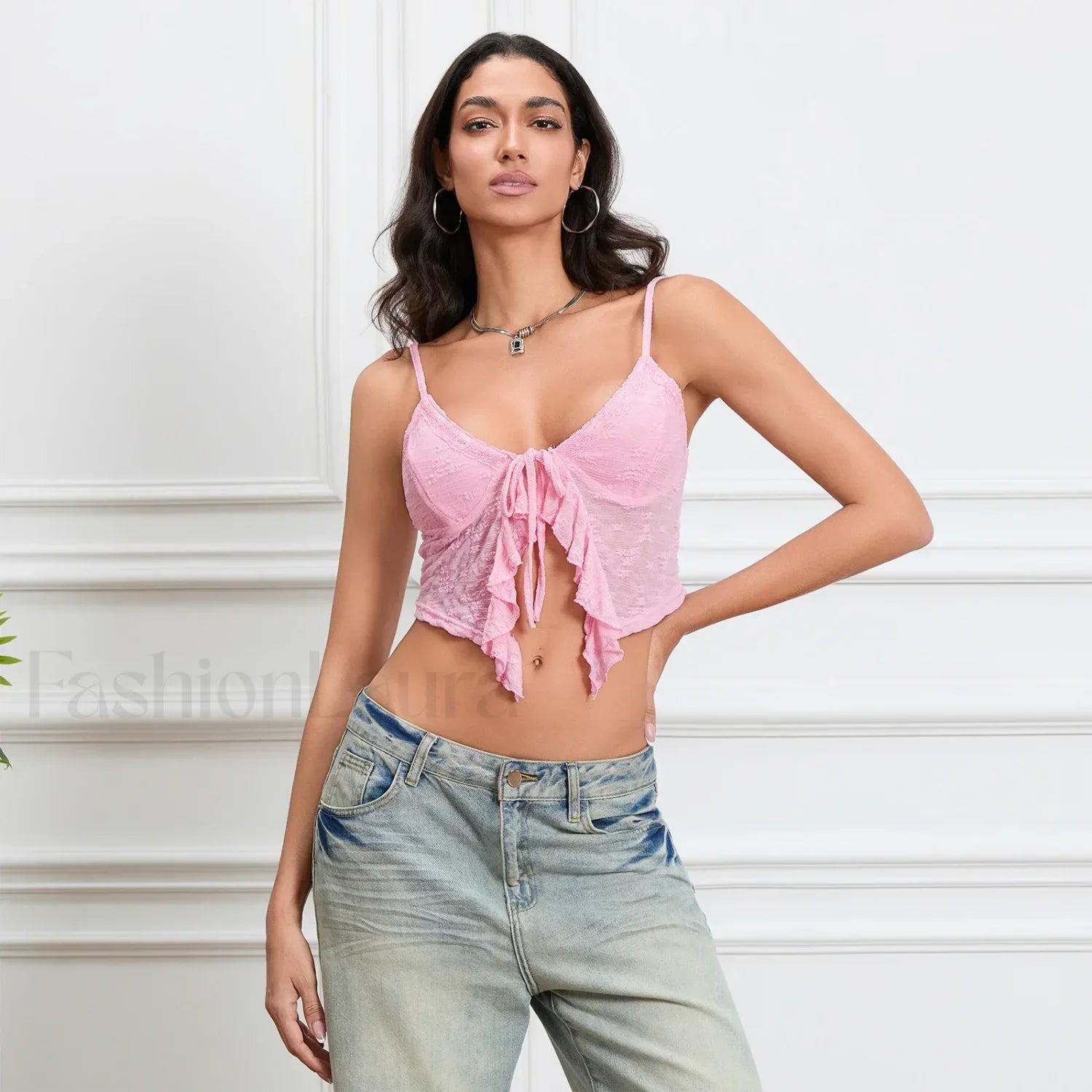 Tie Front Lace Trim Crop Top