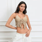 Tie Front Lace Trim Crop Top Khaki / S