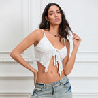 Tie Front Lace Trim Crop Top WHITE / S
