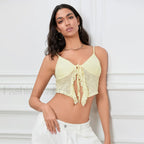 Tie Front Lace Trim Crop Top Yellow / S