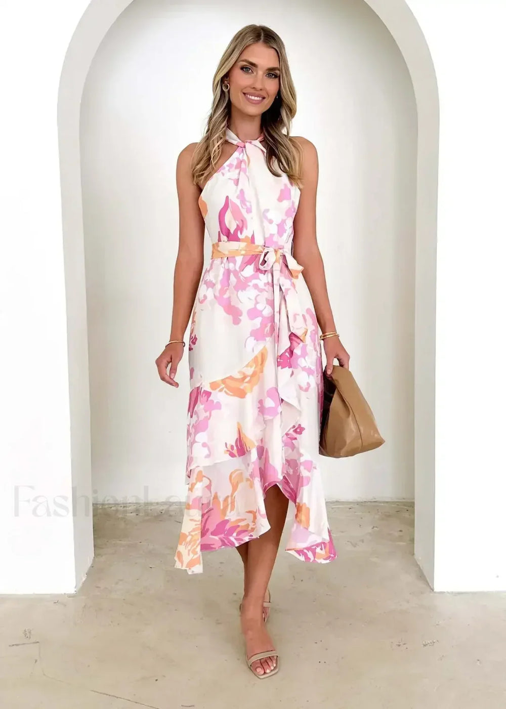 Tie Front Split Floral Dress Pink / S