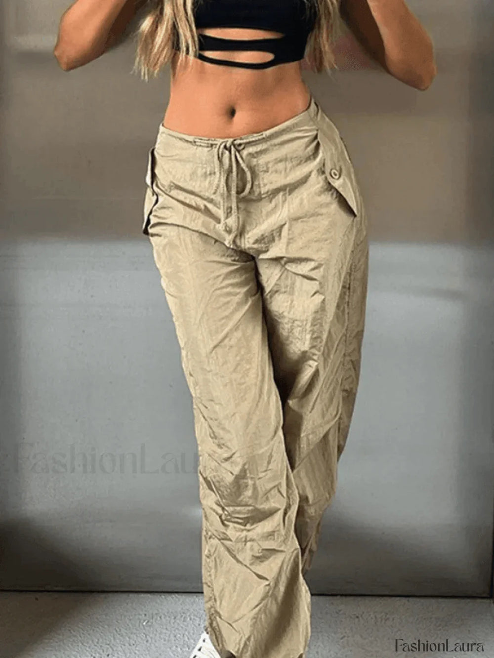 Tie Strap Baggy Parachute Cargo Pants Khaki / S Pants