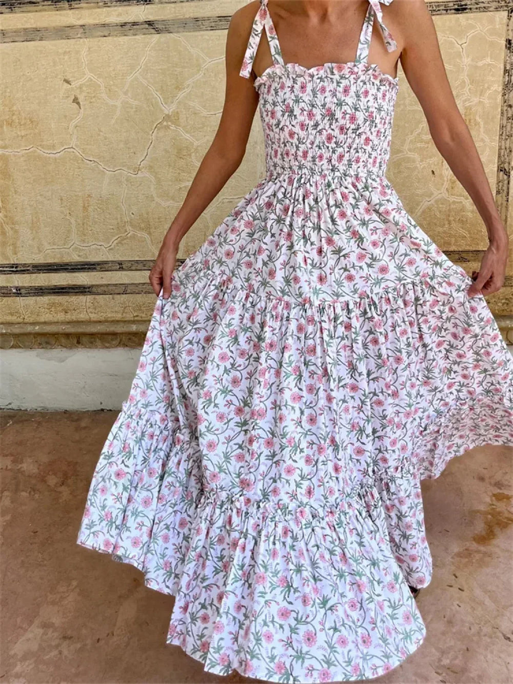 Tie Strap Floral A Line Maxi Dress white2 / S