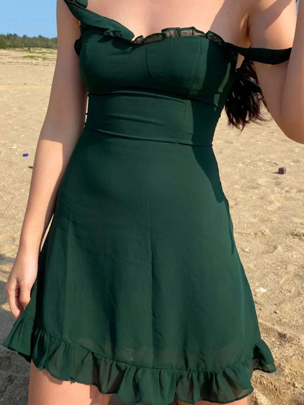 Tie Strap Ruffle Mini Dress Green / S Mini Dresses