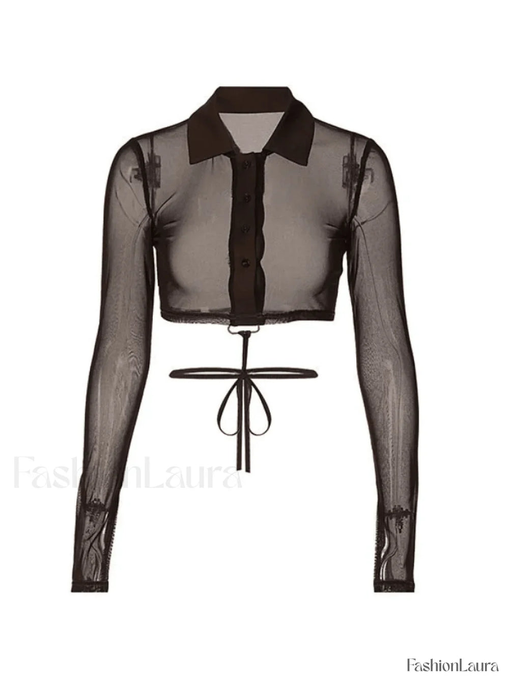Tie Strap Sheer Mesh Cropped Long Sleeve Blouse Shirts