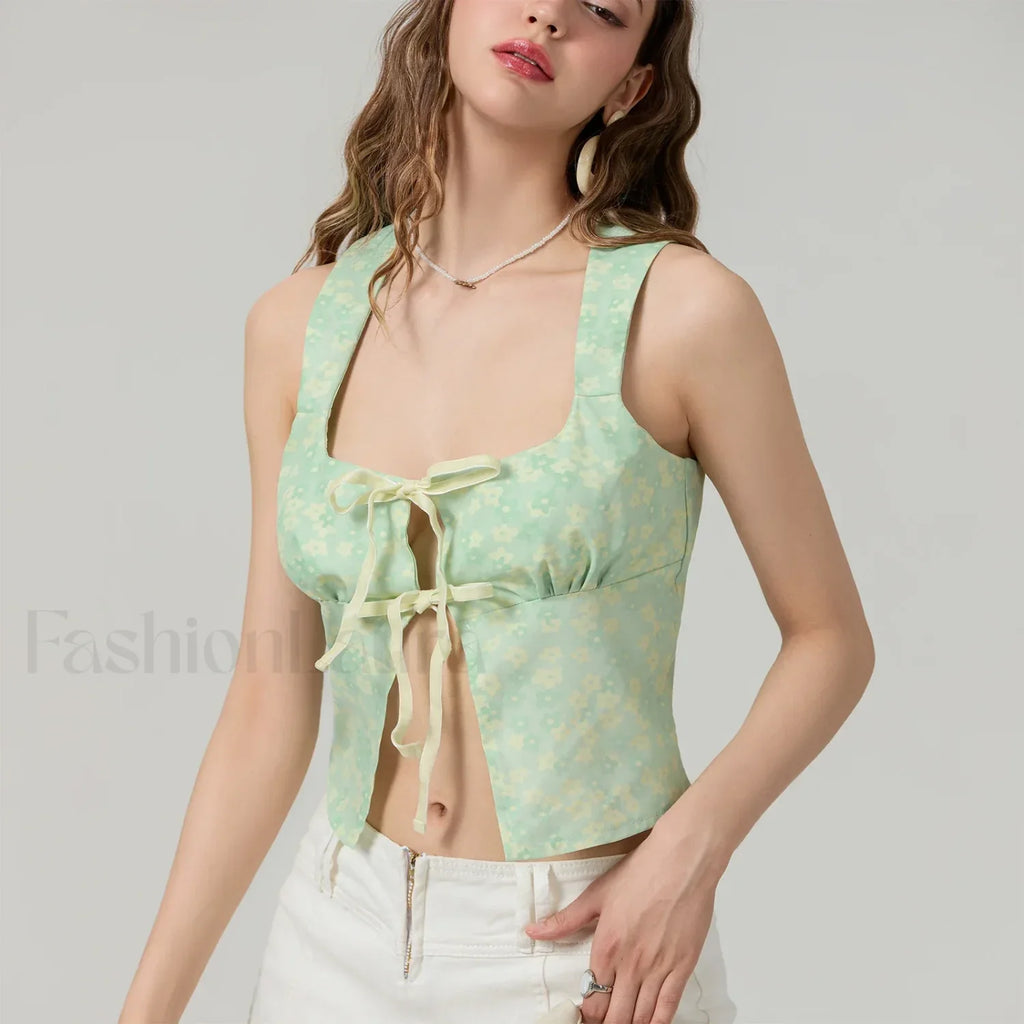 Tie Up Floral Slim Crop Top