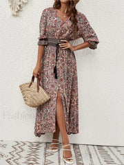 Tie Waist Lantern Sleeve Boho Dress