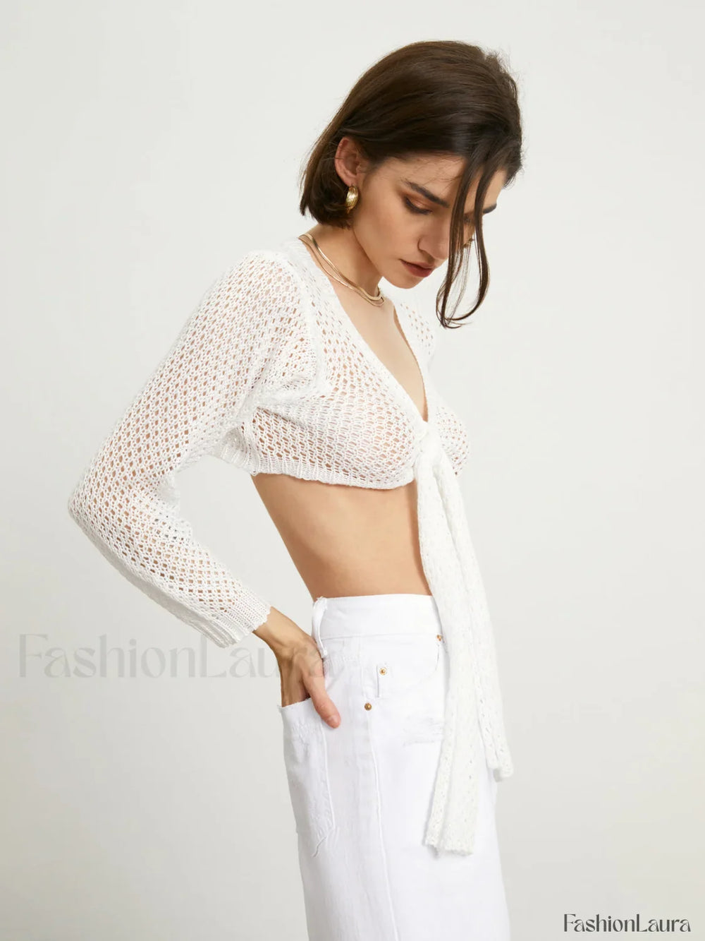 Tied Charming Pointelle Cardigan Sweaters L