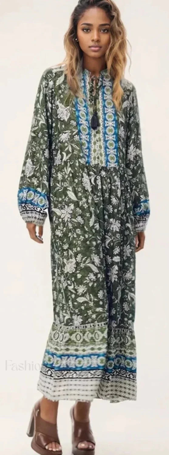 Tied Collar Floral Boho Dress green / XS