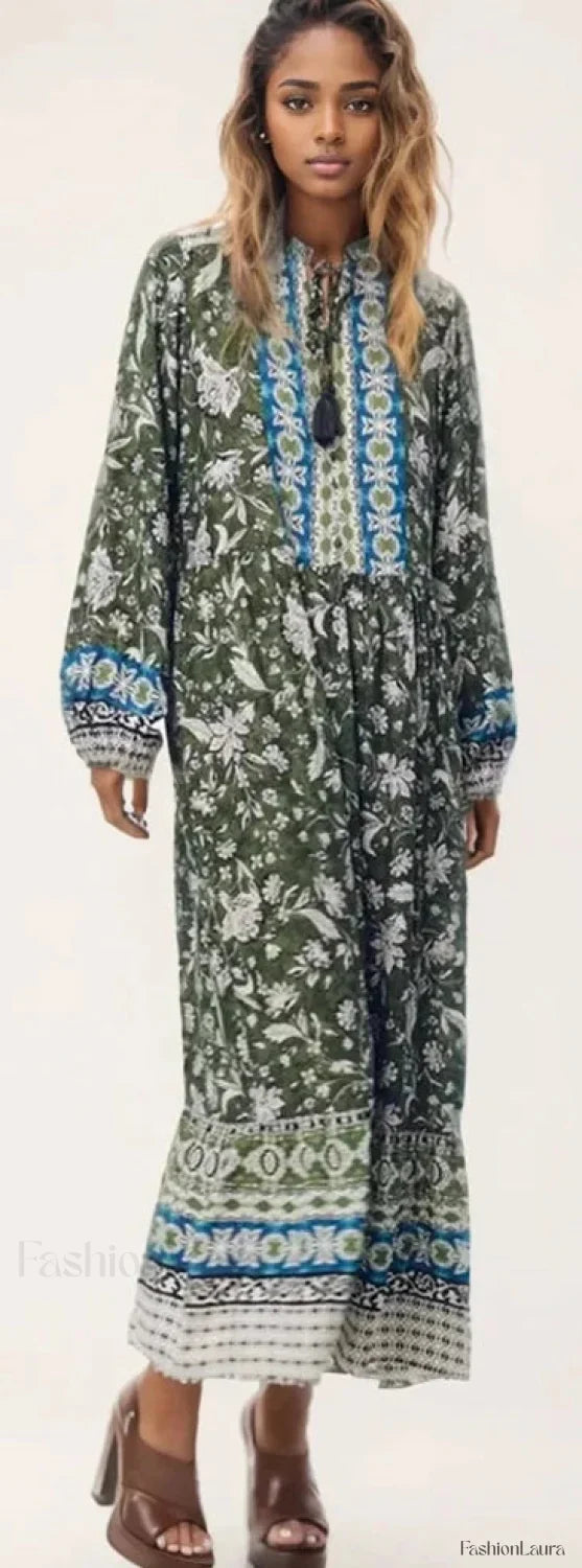 Tied Collar Floral Boho Dress green / XS