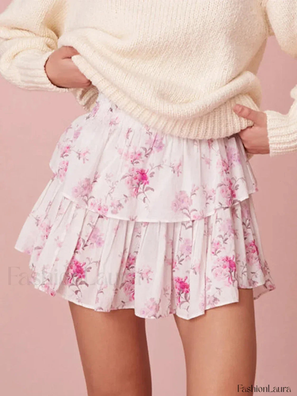 Tiered Floral Flowy Mini Skirt Pink / S