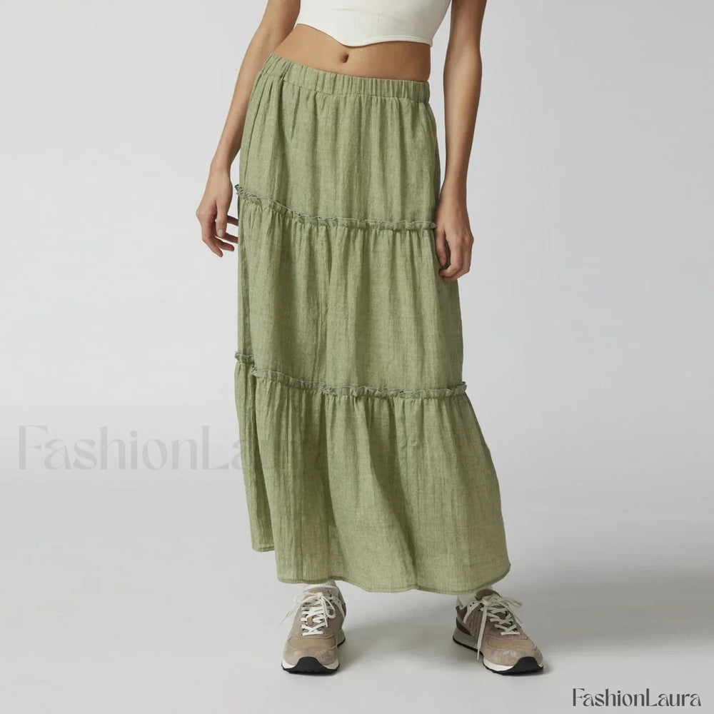 Tiered Flowy Maxi Beach Skirt Green / S