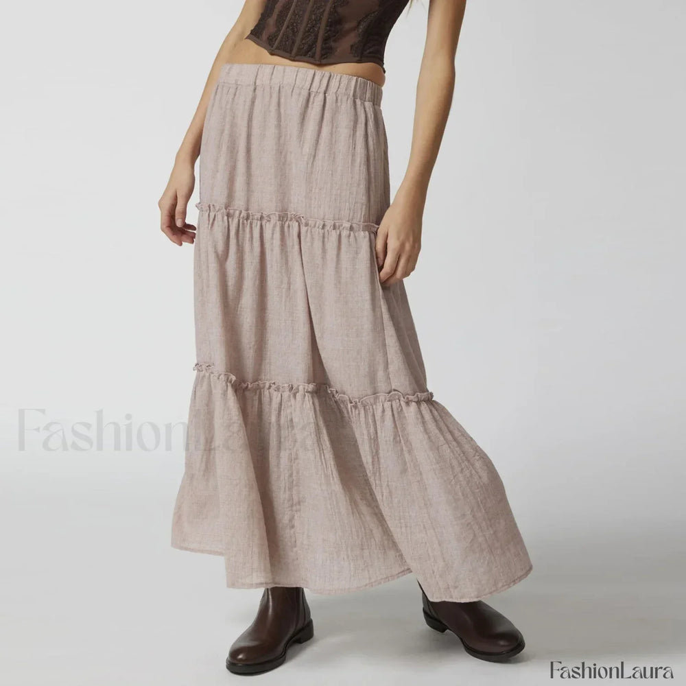 Tiered Flowy Maxi Beach Skirt Khaki / S