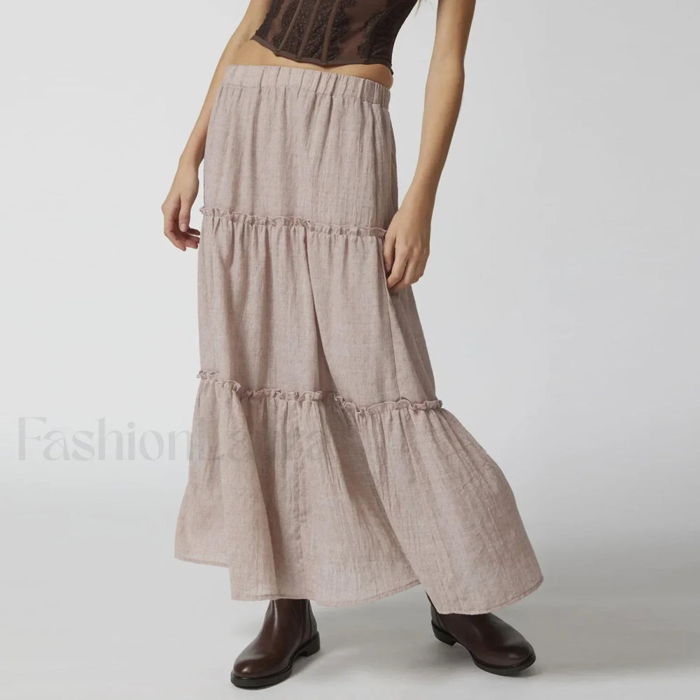 Tiered Flowy Maxi Beach Skirt Khaki / S
