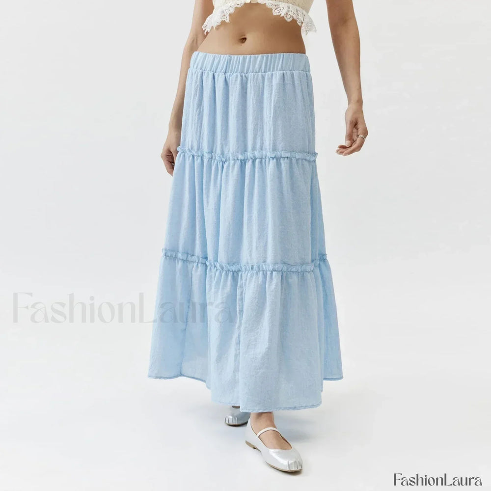 Tiered Pleated Swing Maxi Skirt Blue / S