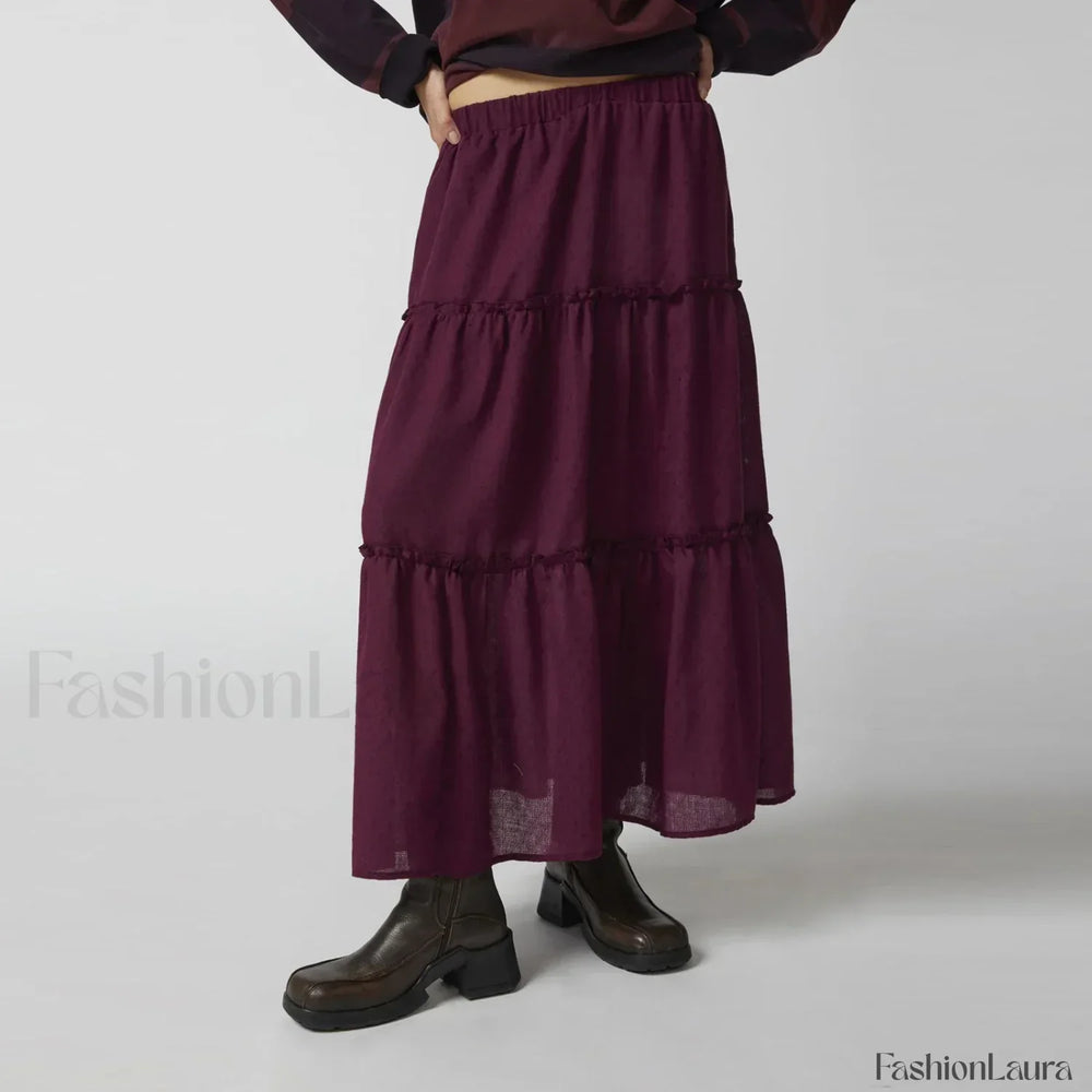 Tiered Pleated Swing Maxi Skirt PURPLE / S
