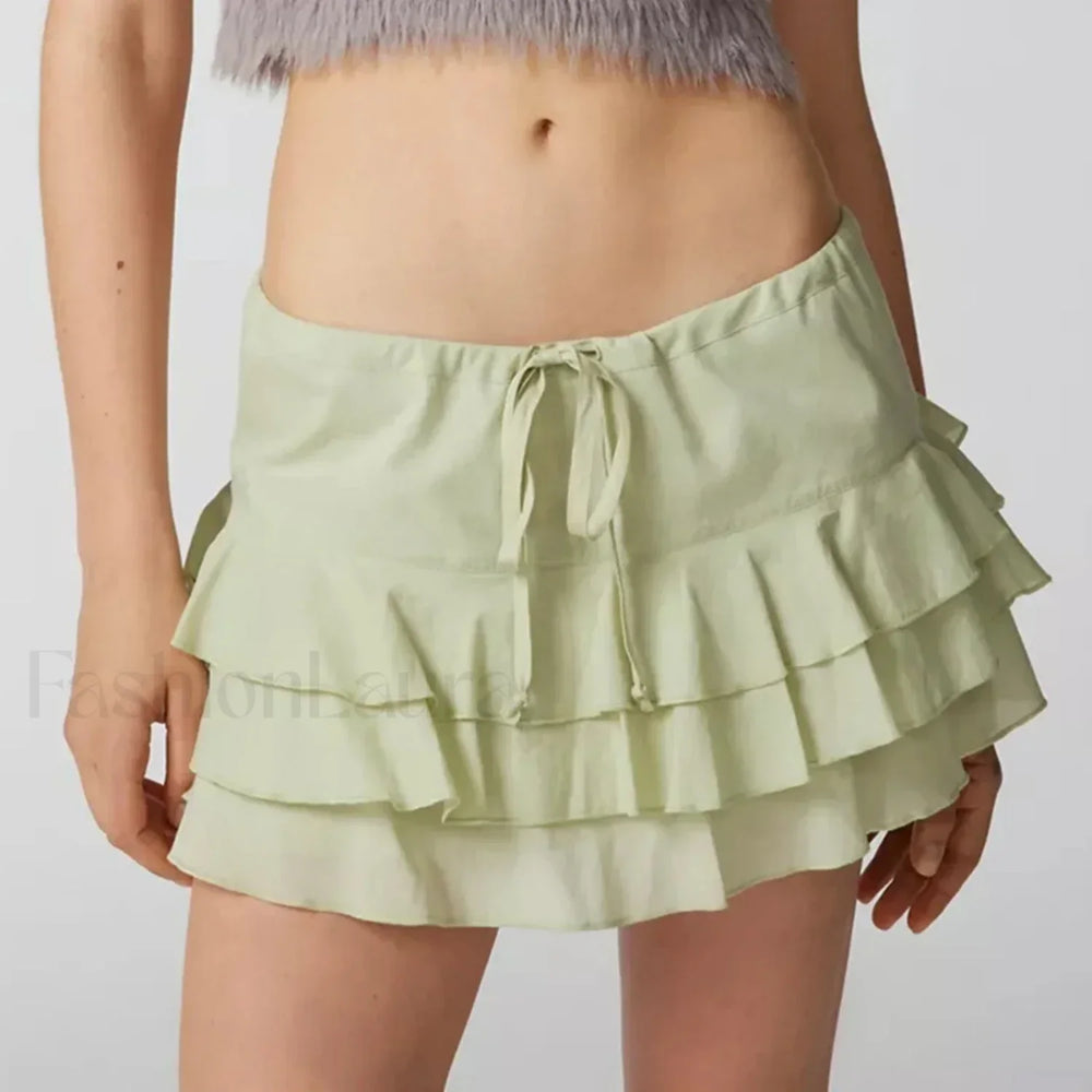 Tiered Ruffle Drawstring Skirt Green / S