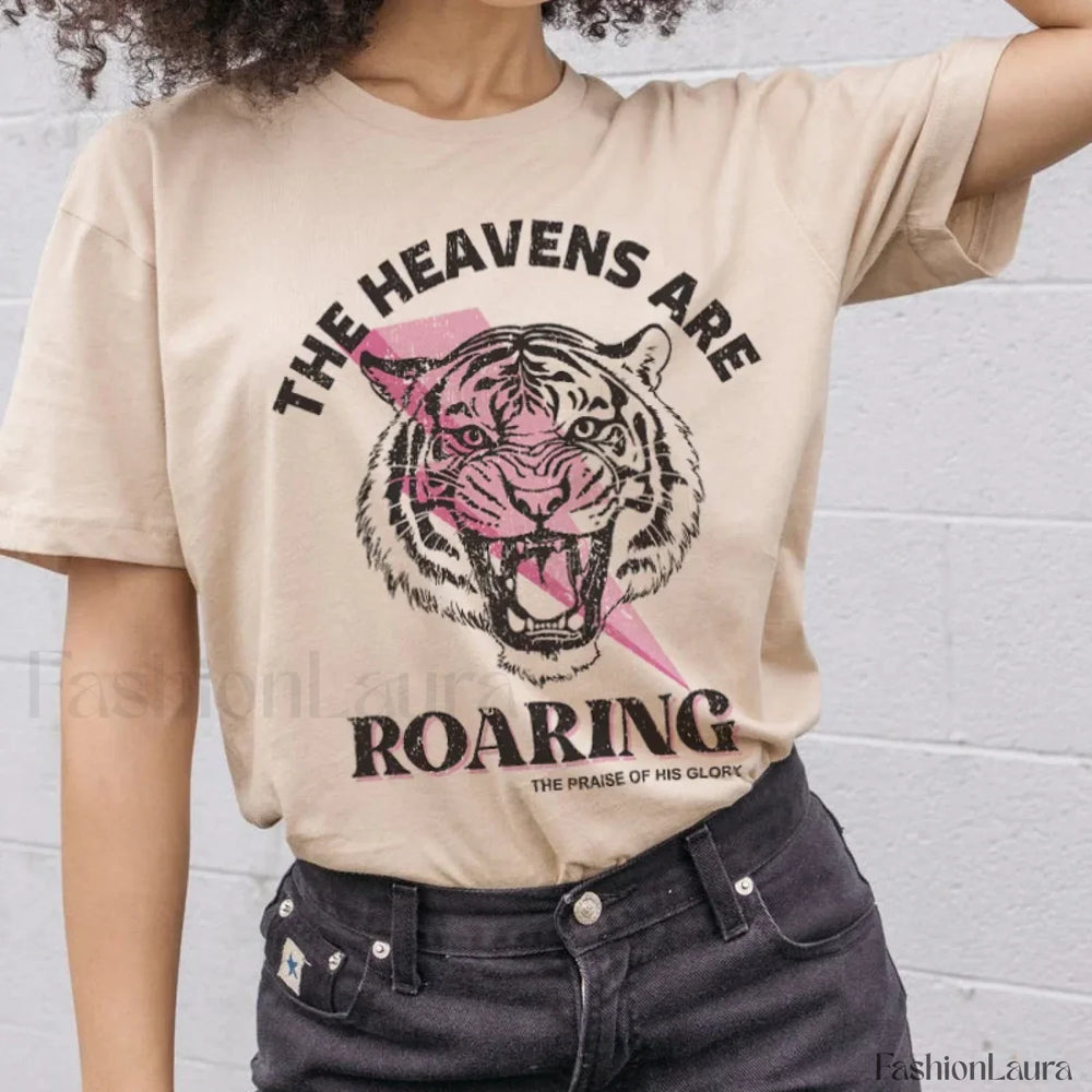 Tiger Print Vintage Christian Religious T Shirt Khaki / S